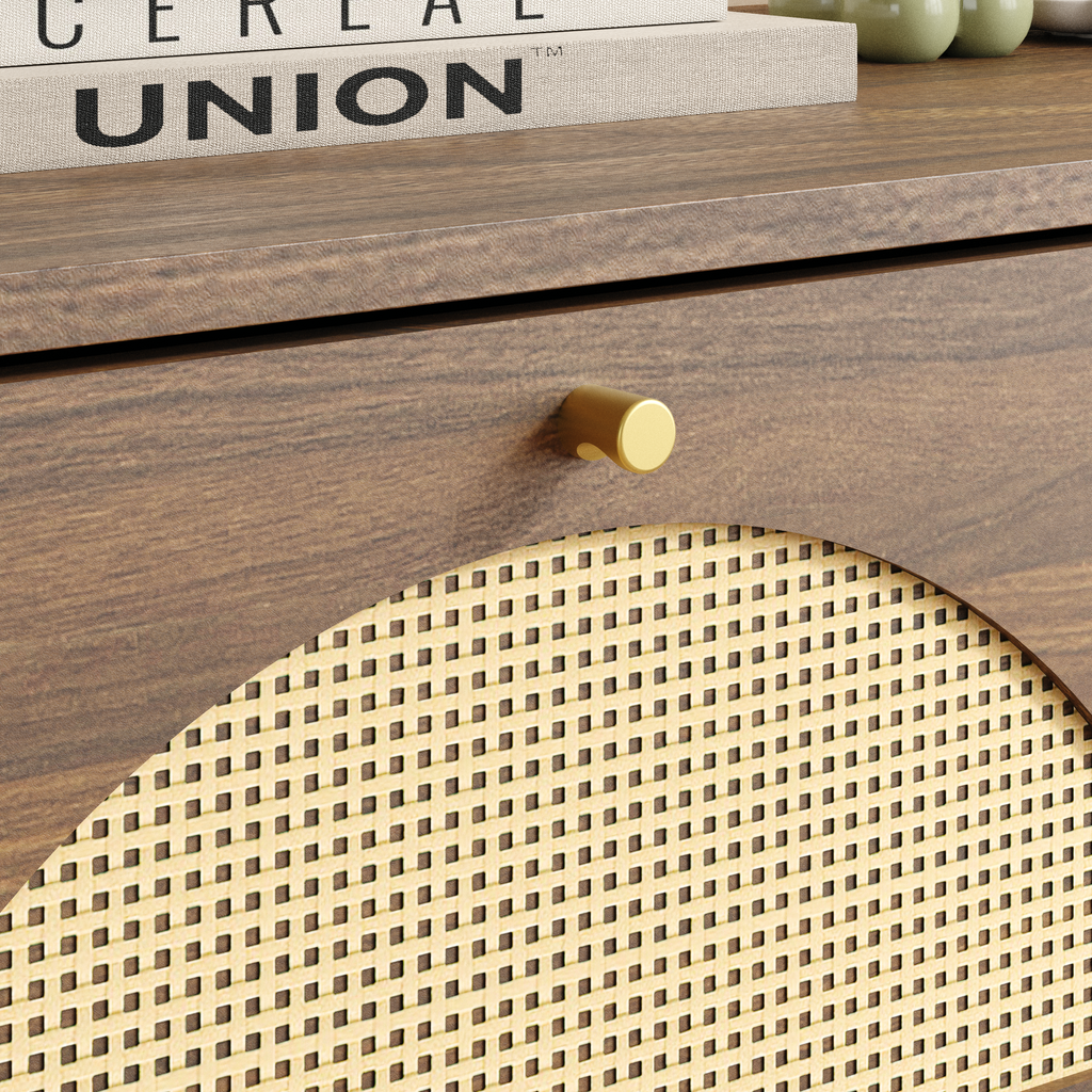 Walnut & Rattan 9- Drawer Wide Dresser Modern Farmhouse Storage Chest ...