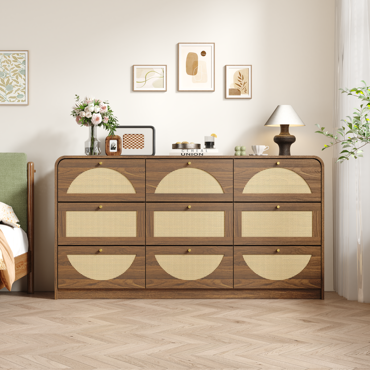 Walnut & Rattan 9- Drawer Wide Dresser Modern Farmhouse Storage Chest ...
